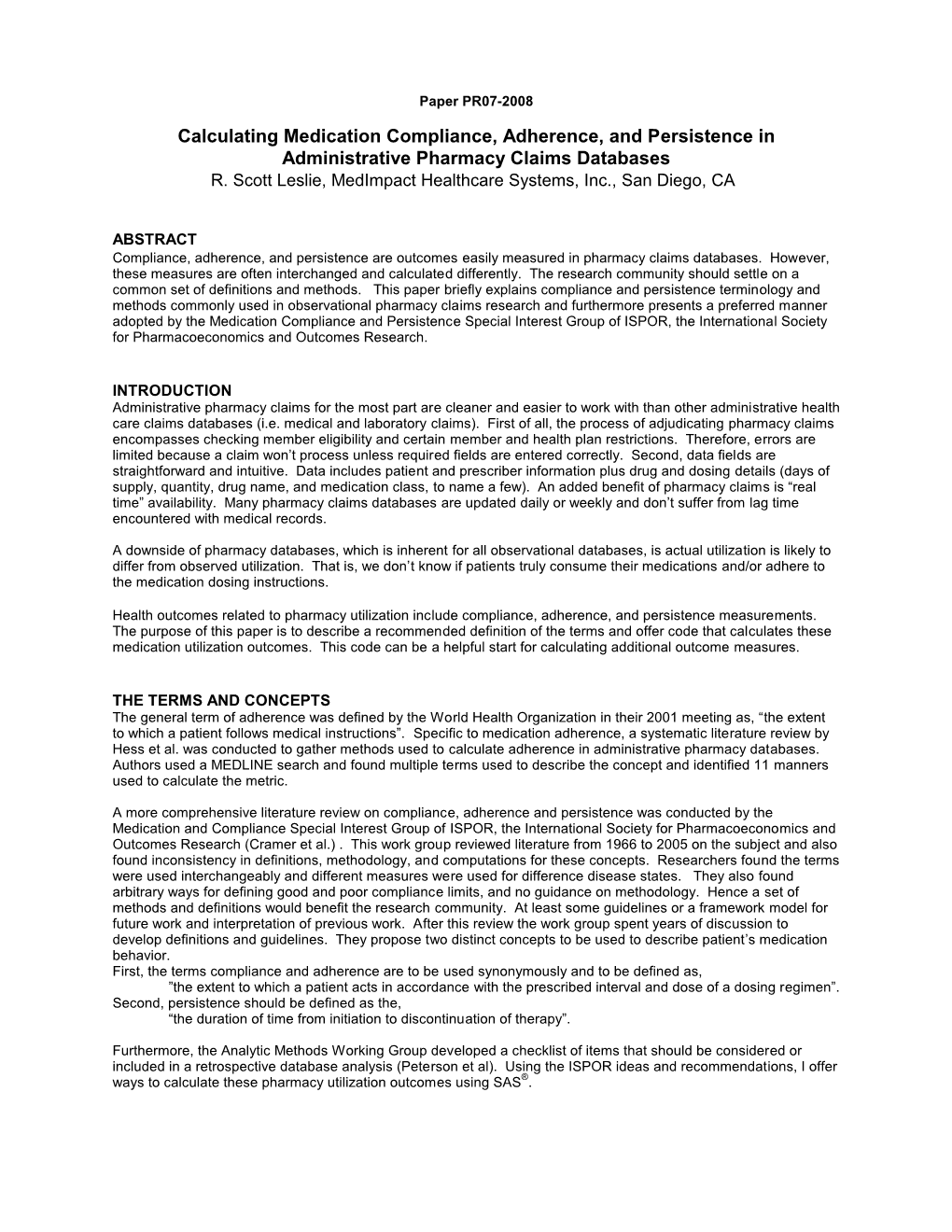 Calculating Medication Compliance, Adherence, and Persistence in Administrative Pharmacy Claims Databases R