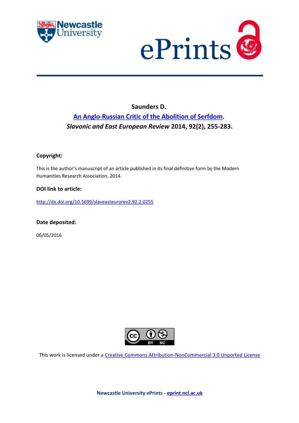 Saunders D. an Anglo-Russian Critic of the Abolition of Serfdom. Slavonic and East European Review 2014, 92(2), 255-283