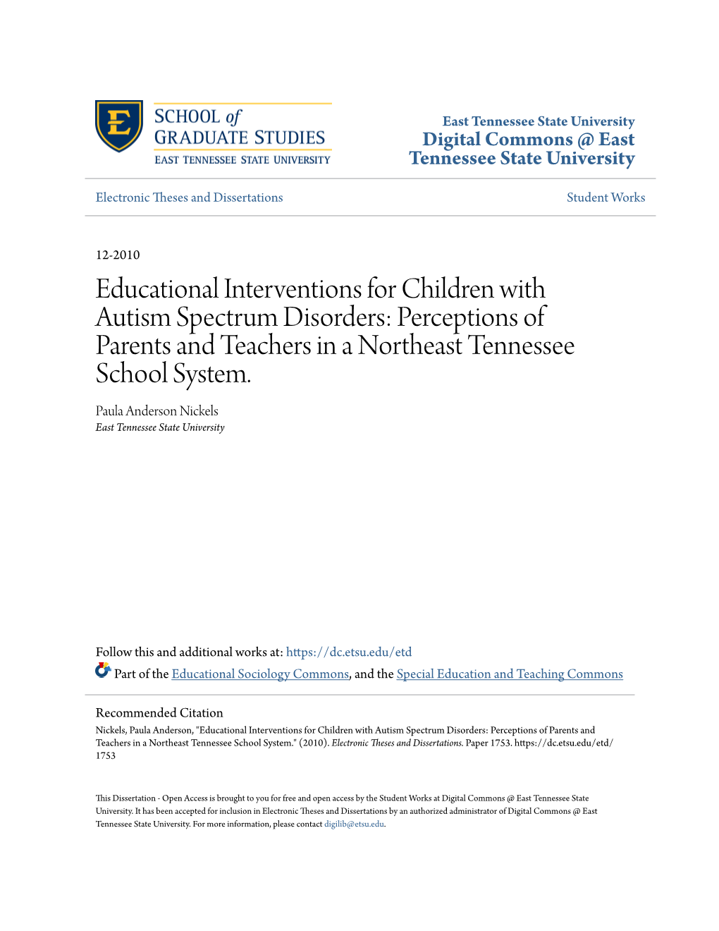 Educational Interventions for Children with Autism Spectrum Disorders: Perceptions of Parents and Teachers in a Northeast Tennessee School System