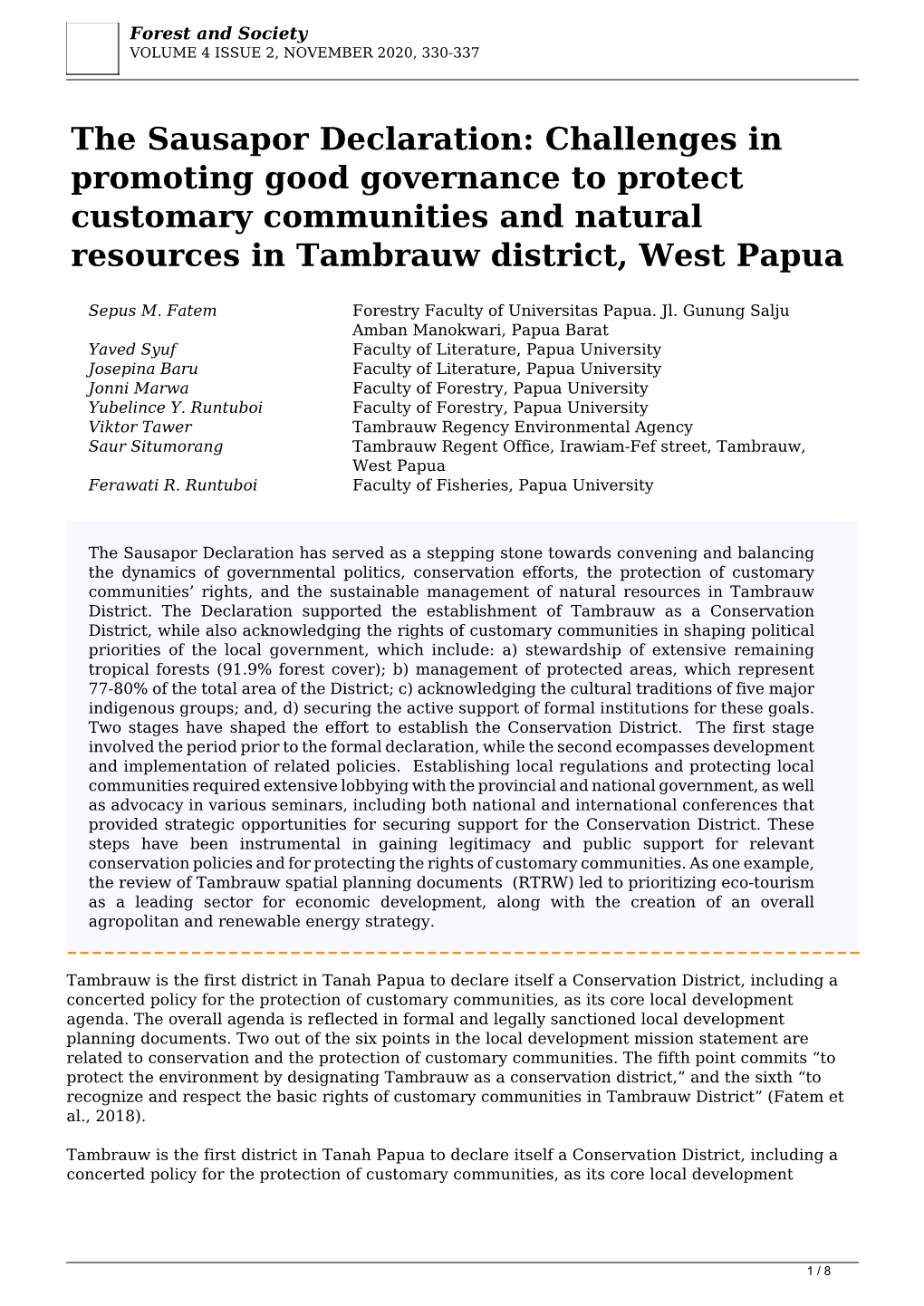 The Sausapor Declaration: Challenges in Promoting Good Governance to Protect Customary Communities and Natural Resources in Tambrauw District, West Papua