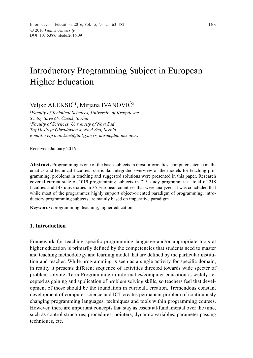 Introductory Programming Subject in European Higher Education