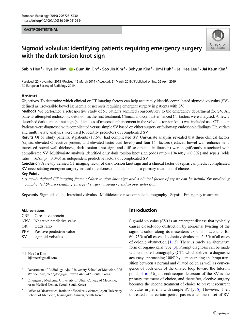 Sigmoid Volvulus: Identifying Patients Requiring Emergency Surgery with the Dark Torsion Knot Sign
