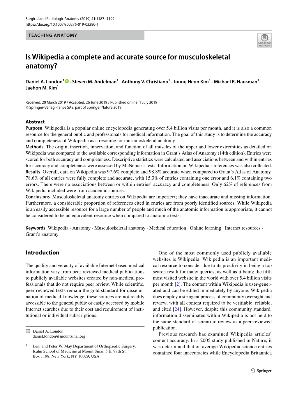 Is Wikipedia a Complete and Accurate Source for Musculoskeletal Anatomy?