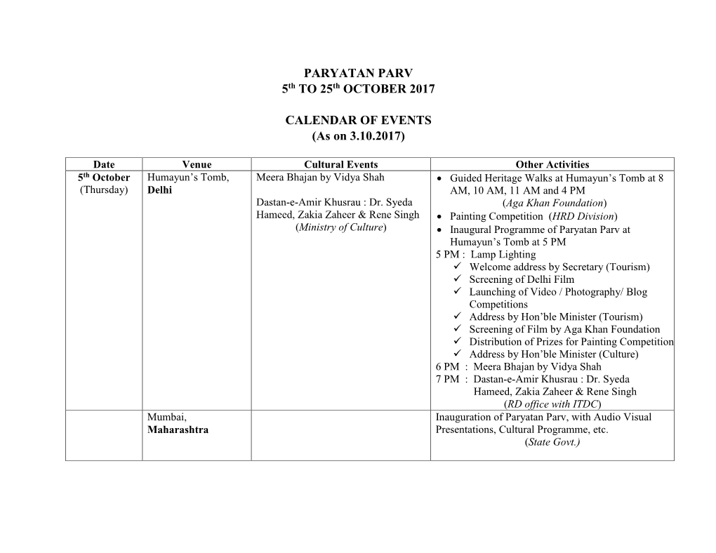 PARYATAN PARV 5Th to 25Th OCTOBER 2017 CALENDAR of EVENTS (As on 3.10.2017)