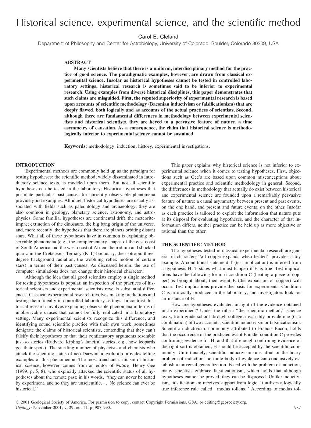 Historical Science, Experimental Science, and the Scientific Method