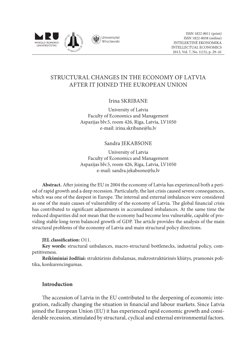 Structural Changes in the Economy of Latvia After It Joined the European Union