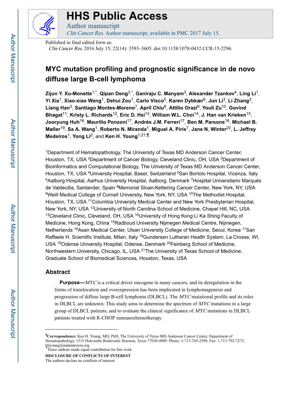 MYC Mutation Profiling and Prognostic Significance in De Novo Diffuse Large B-Cell Lymphoma