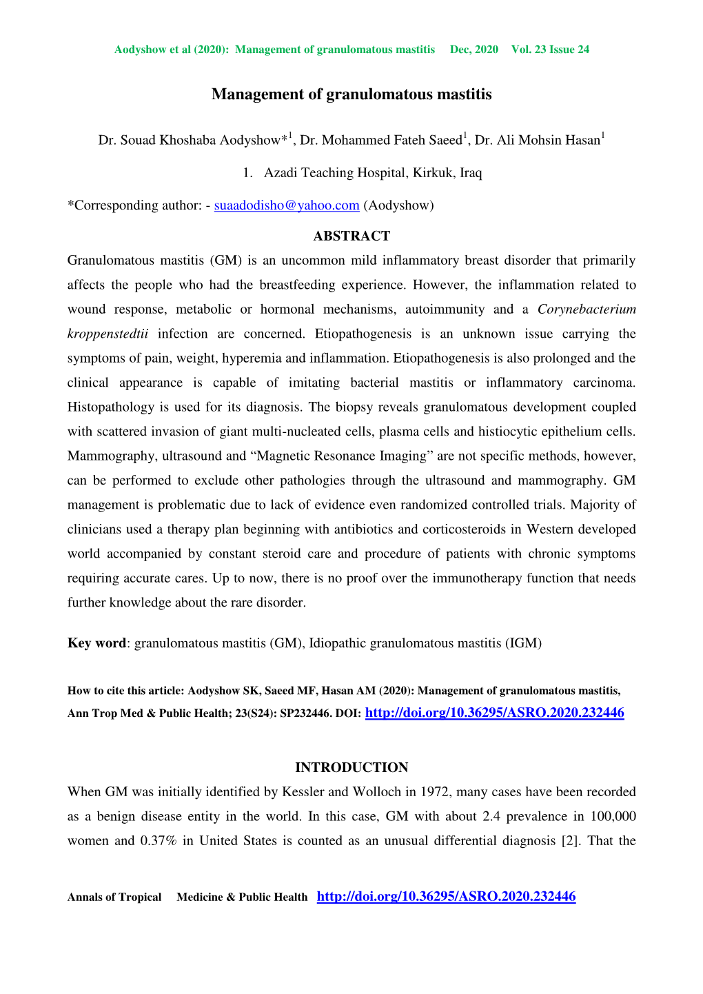 Management of Granulomatous Mastitis Dec, 2020 Vol