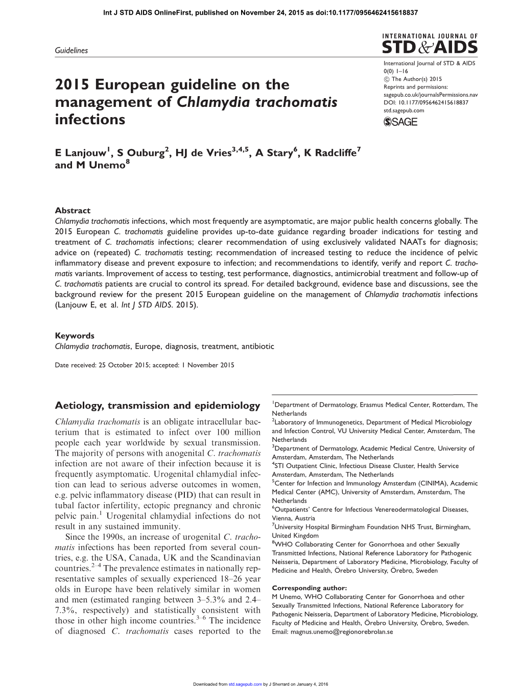 2015 European Guideline on the Management of Chlamydia Trachomatis Infections (Lanjouw E, Et Al