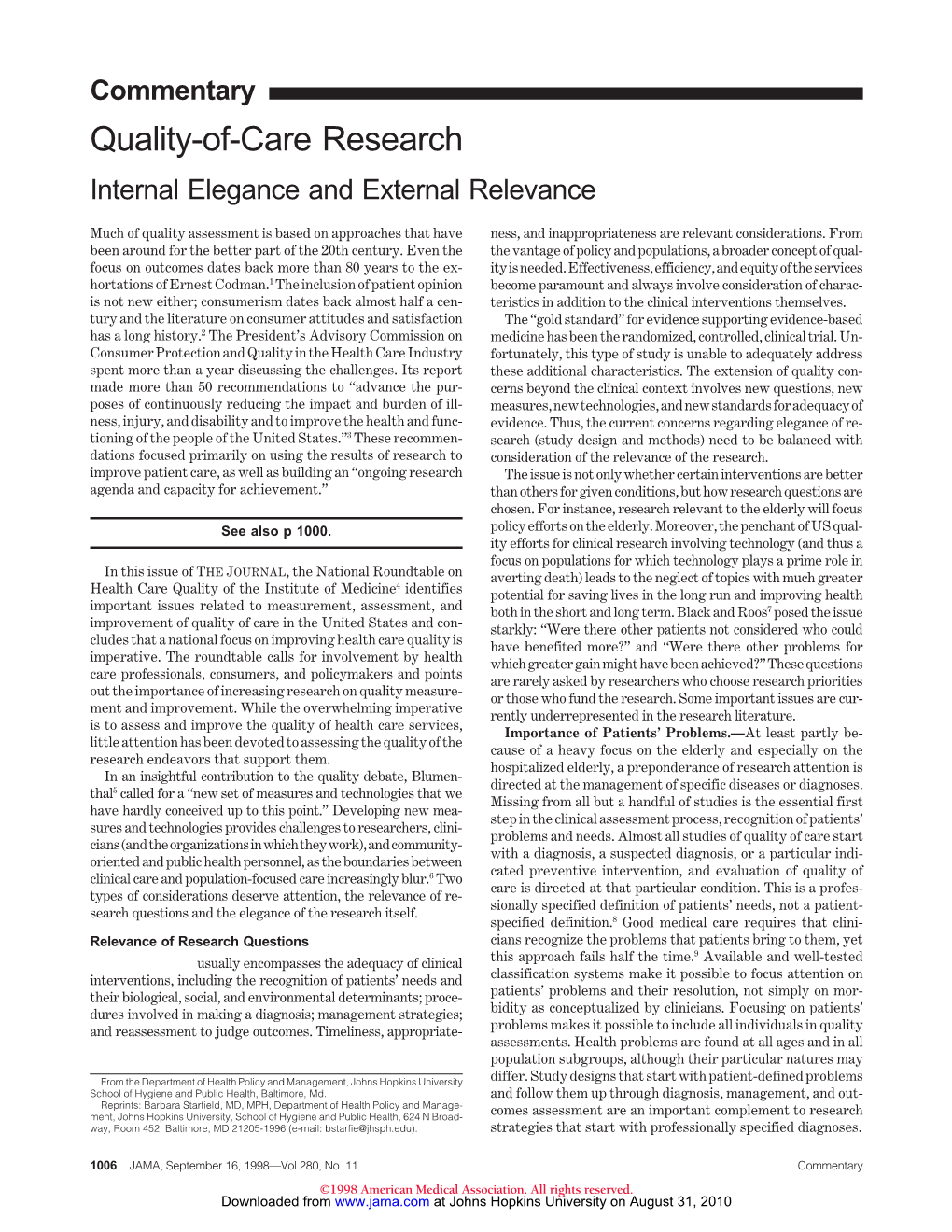 Quality-Of-Care Research Internal Elegance and External Relevance