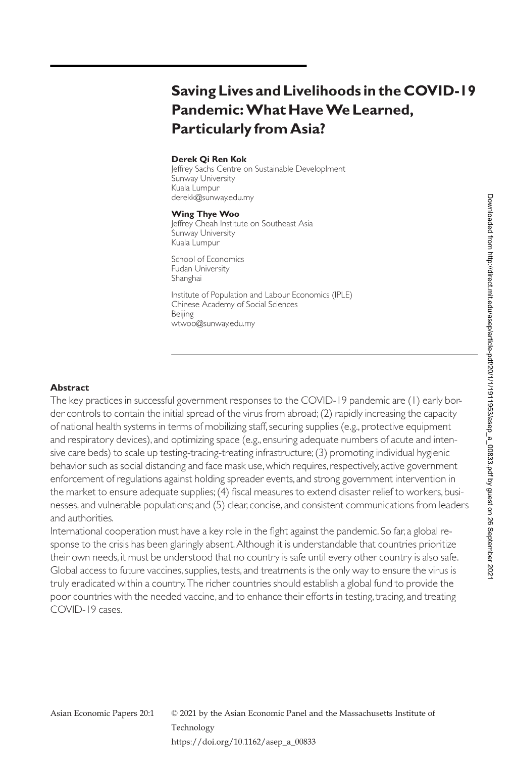 Saving Lives and Livelihoods in the COVID-19 Pandemic: What Have Welearned, Particularly from Asia?