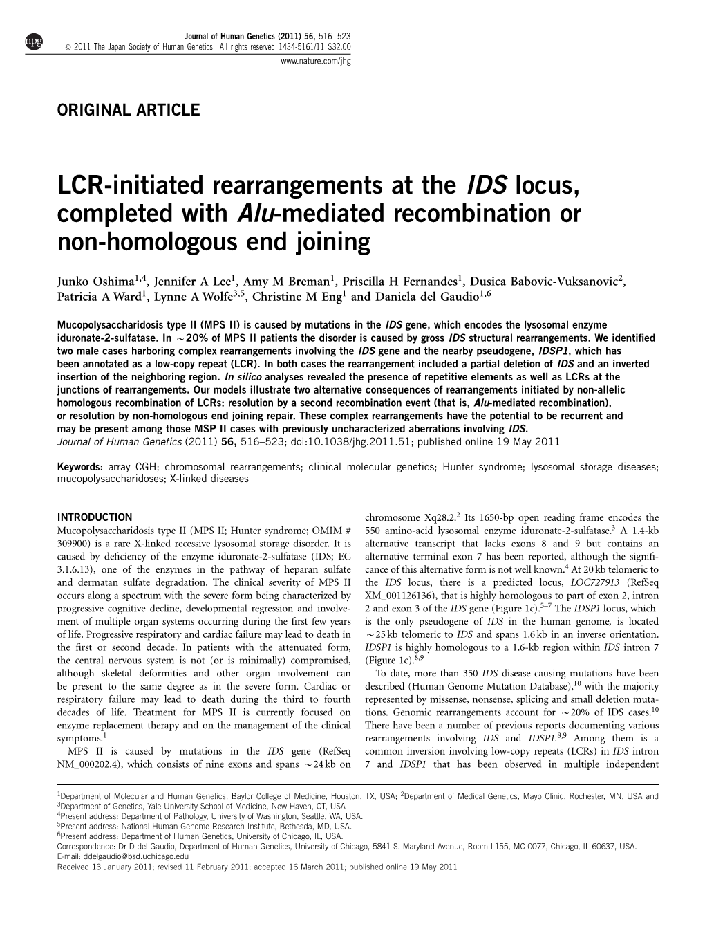 LCR-Initiated Rearrangements at the IDS Locus, Completed with Alu-Mediated Recombination Or Non-Homologous End Joining