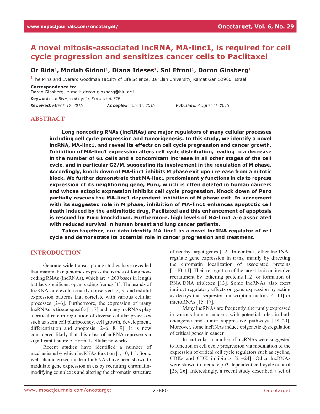 A Novel Mitosis-Associated Lncrna, MA-Linc1, Is Required for Cell Cycle Progression and Sensitizes Cancer Cells to Paclitaxel