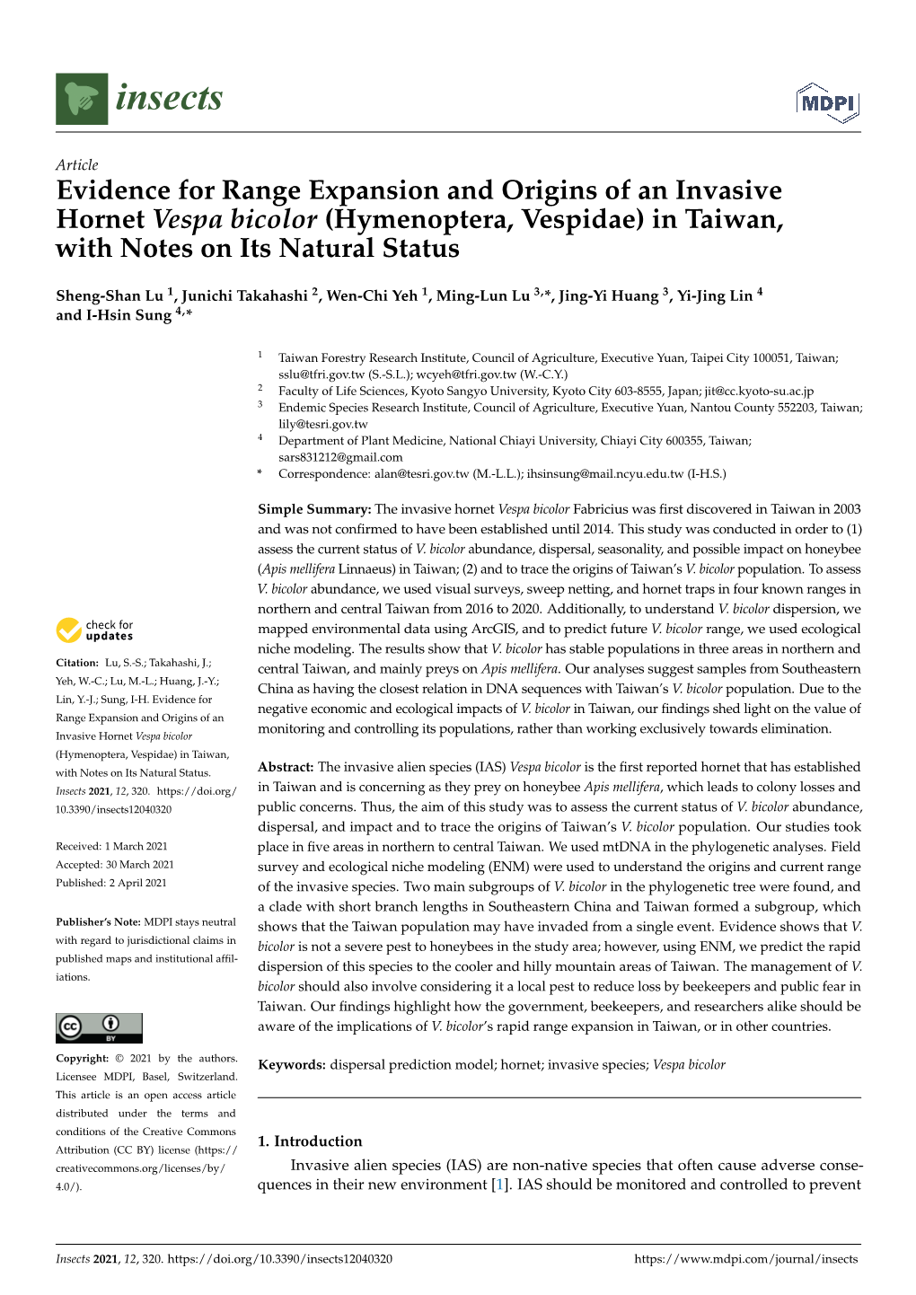 Evidence for Range Expansion and Origins of an Invasive Hornet Vespa Bicolor (Hymenoptera, Vespidae) in Taiwan, with Notes on Its Natural Status