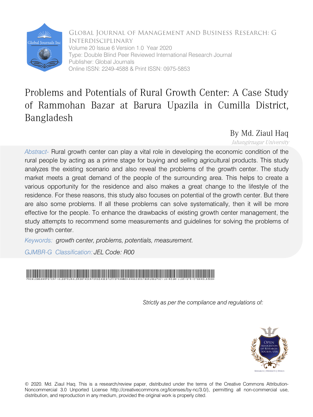 Problems and Potentials of Rural Growth Center: a Case Study of Rammohan Bazar at Barura Upazila in Cumilla District, Bangladesh by Md