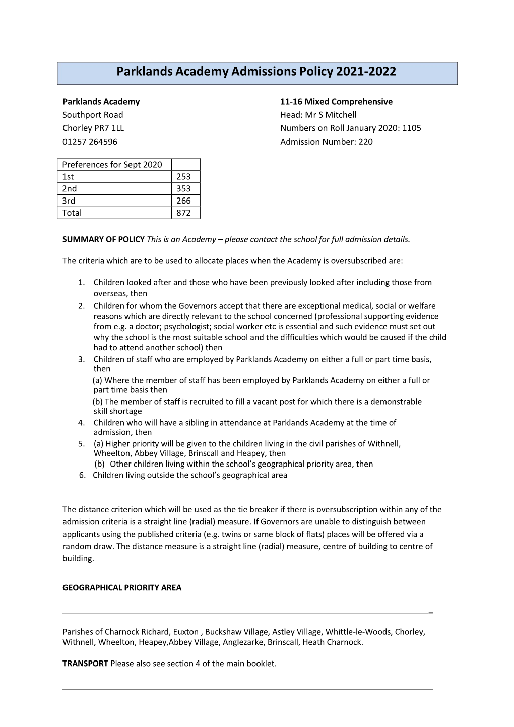 Parklands Academy Admissions Policy 2021-2022