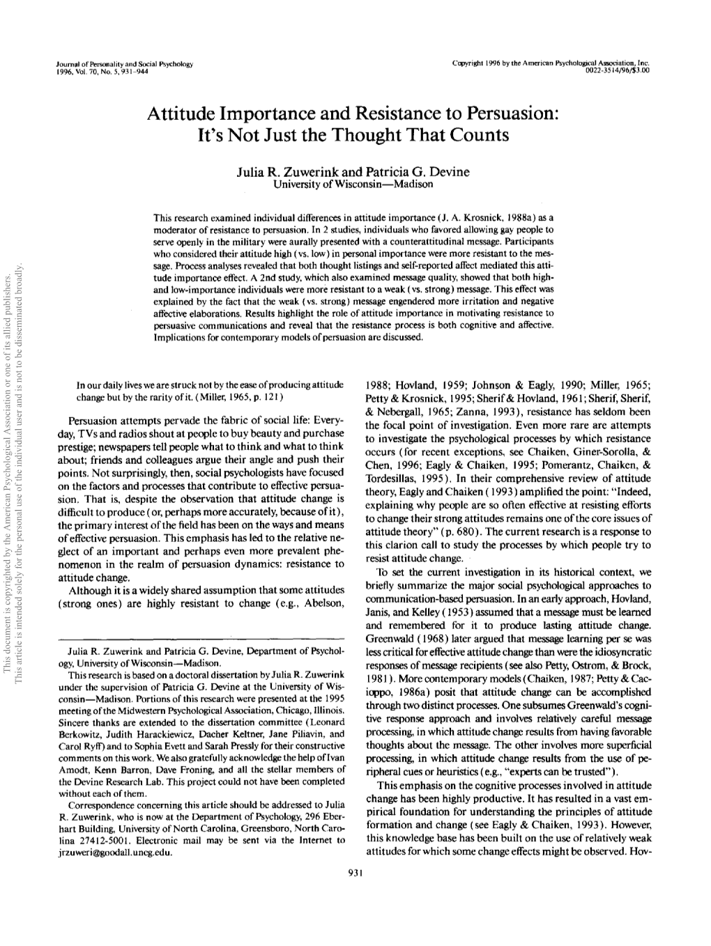 Attitude Importance and Resistance to Persuasion: It's Not Just the Thought That Counts