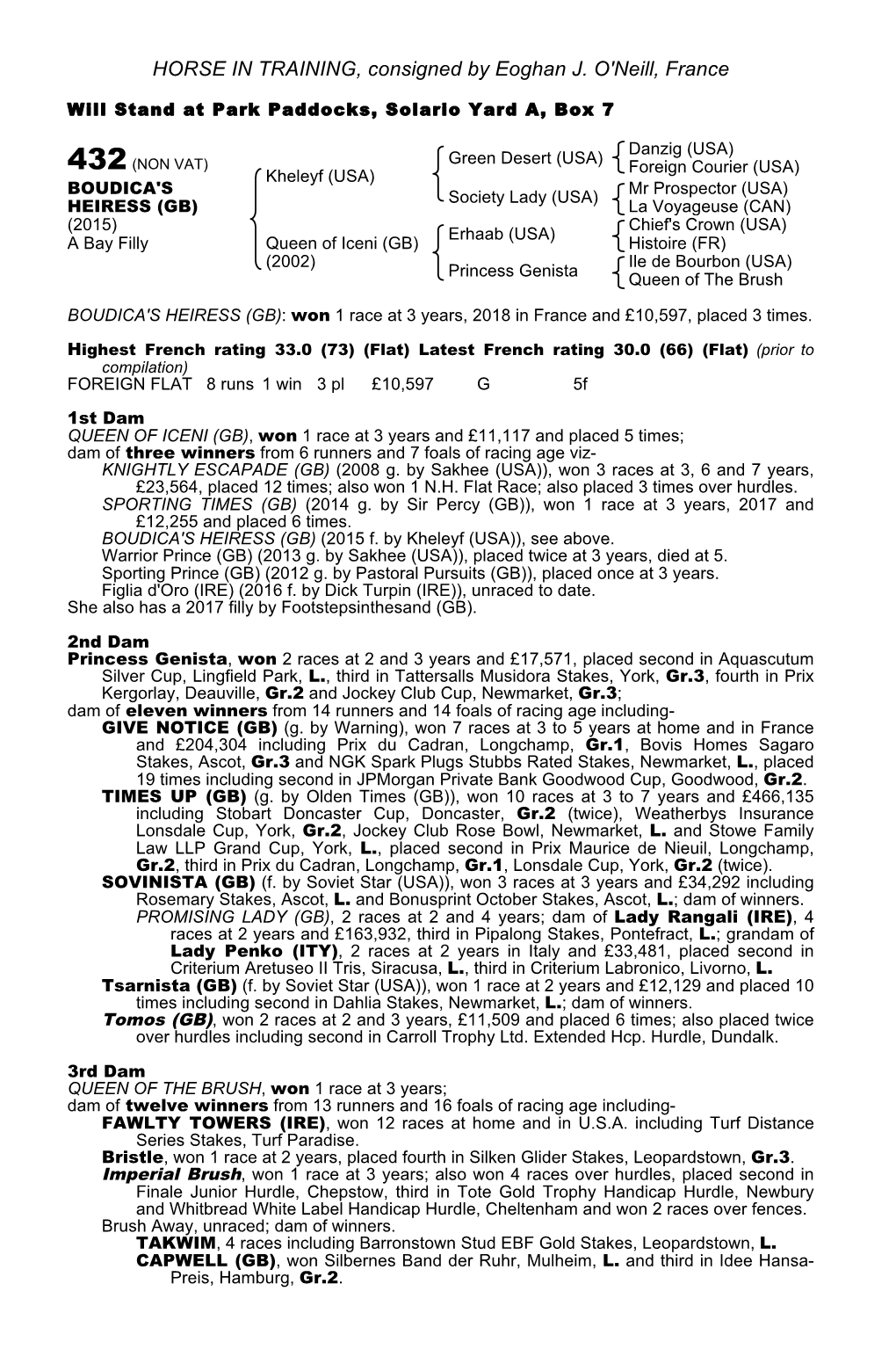 HORSE in TRAINING, Consigned by Eoghan J. O'neill, France