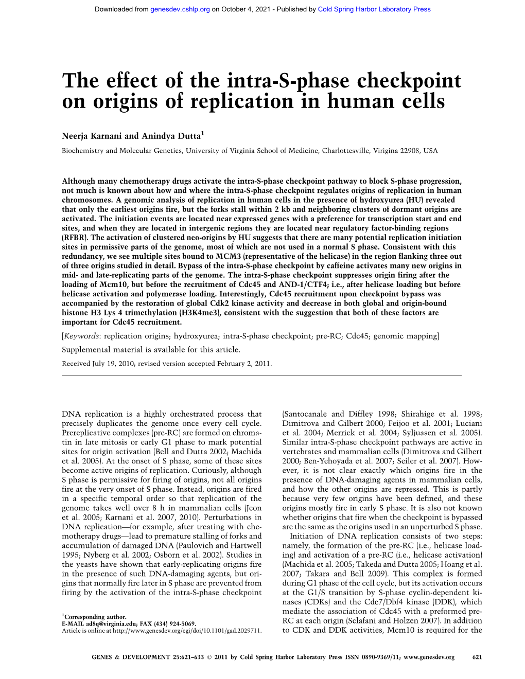 The Effect of the Intra-S-Phase Checkpoint on Origins of Replication in Human Cells