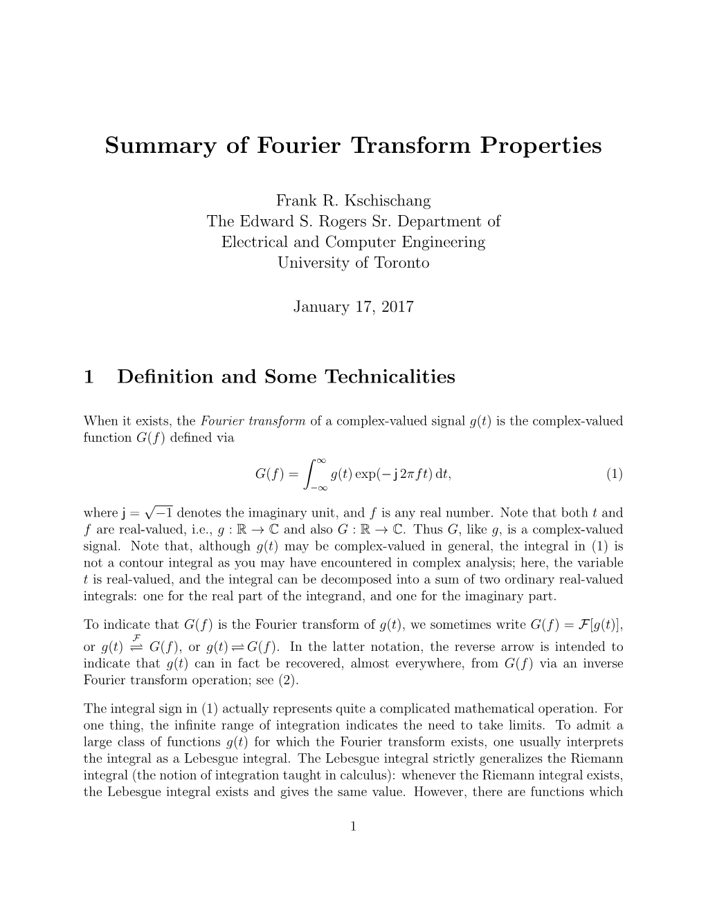 Summary of Fourier Transform Properties