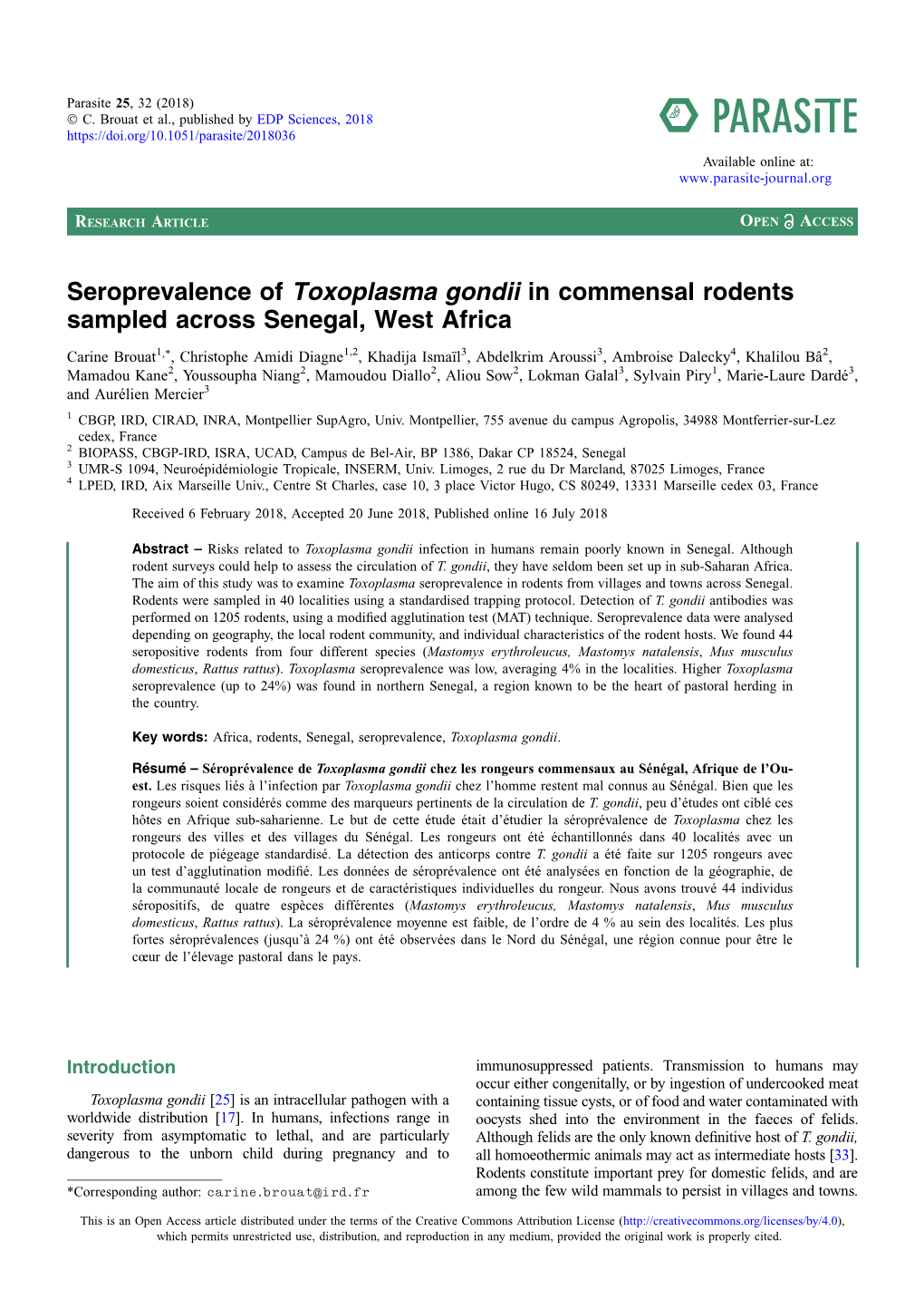 Seroprevalence of Toxoplasma Gondii in Commensal Rodents Sampled Across Senegal, West Africa