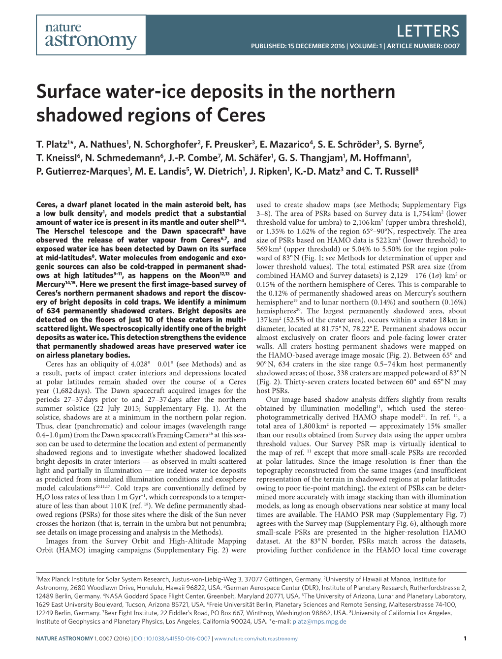 Surface Water-Ice Deposits in the Northern Shadowed Regions of Ceres