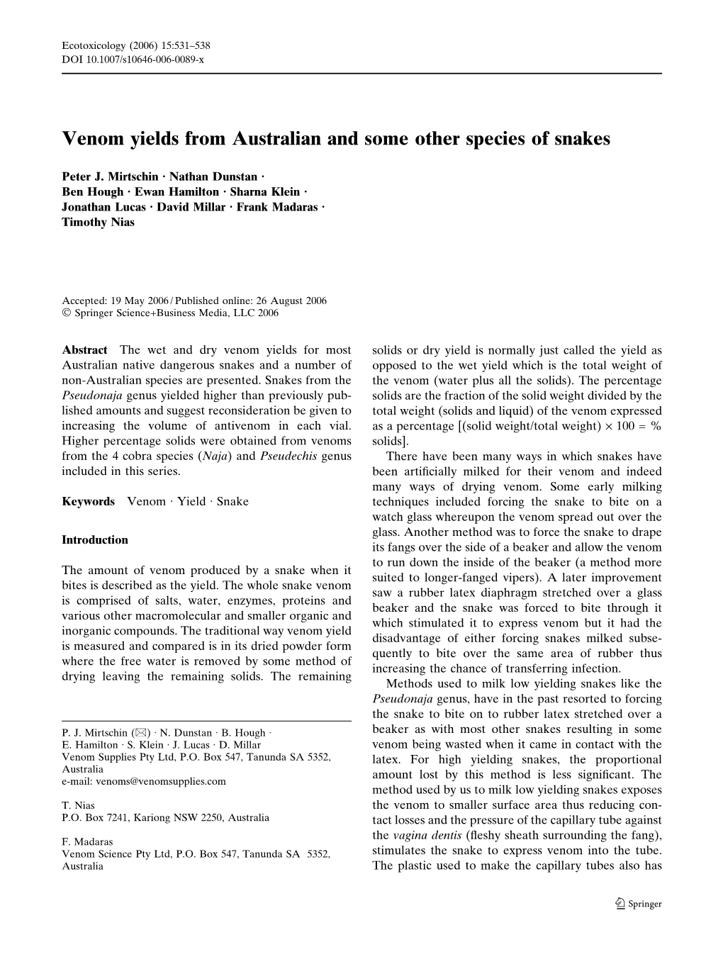 Venom Yields from Australian and Some Other Species of Snakes