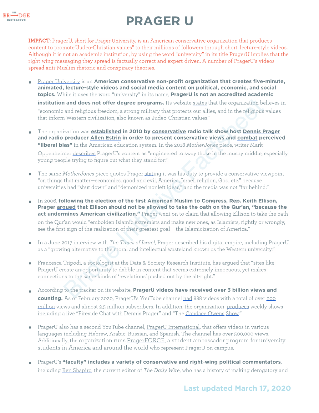 Prager U March 2020 Factsheet