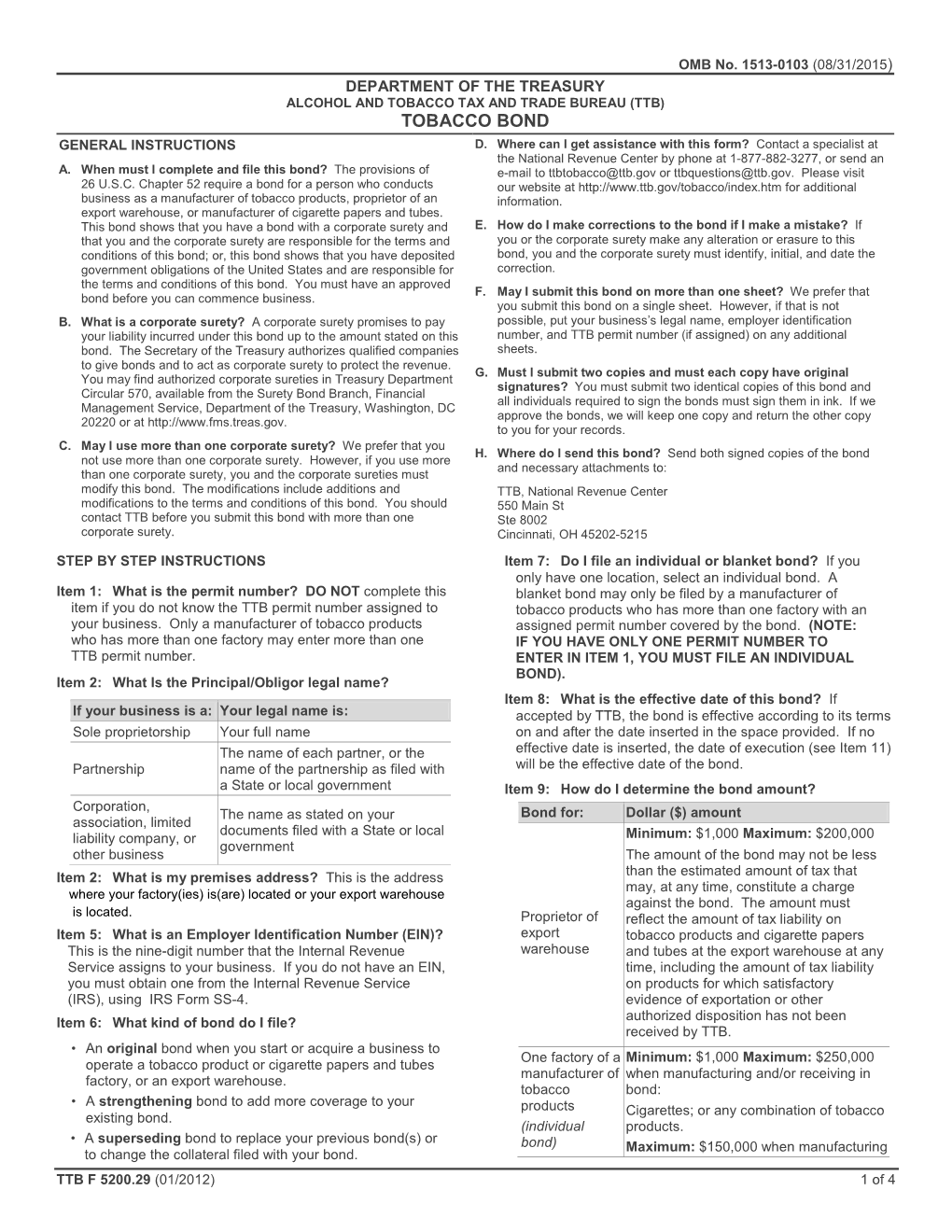 TTB Form 5200.29, Tobacco Bond