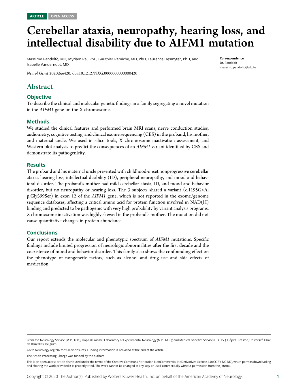 Cerebellar Ataxia, Neuropathy, Hearing Loss, and Intellectual Disability Due to AIFM1 Mutation