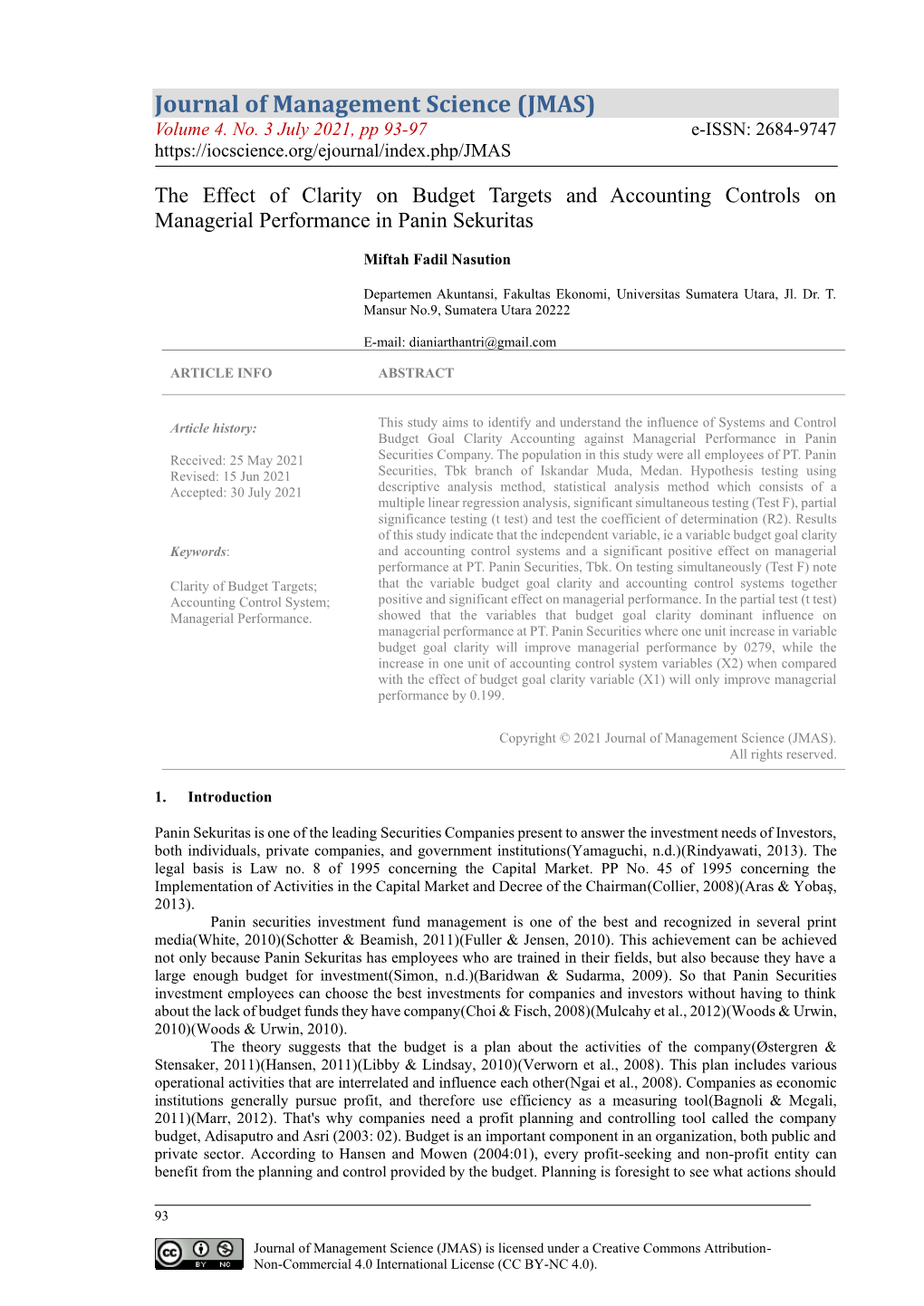 Journal of Management Science (JMAS) Volume 4