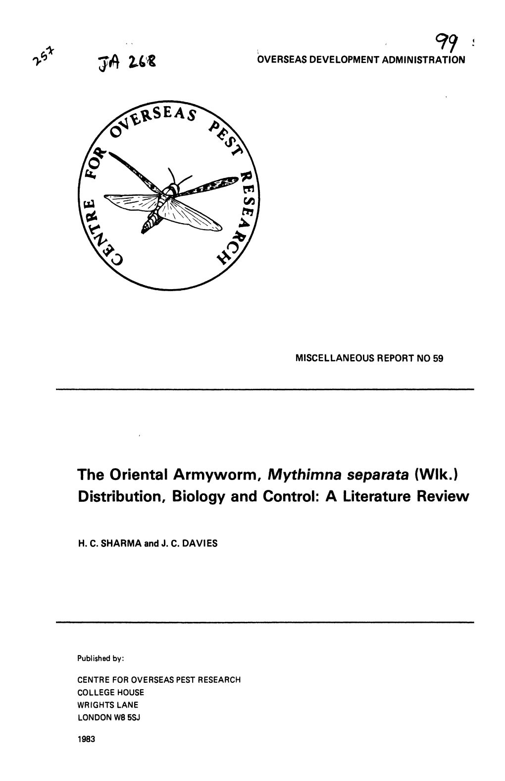 The Oriental Armyworm, Mythimna Separata (Wlk.) Distribution, Biology and Control: a Literature Review