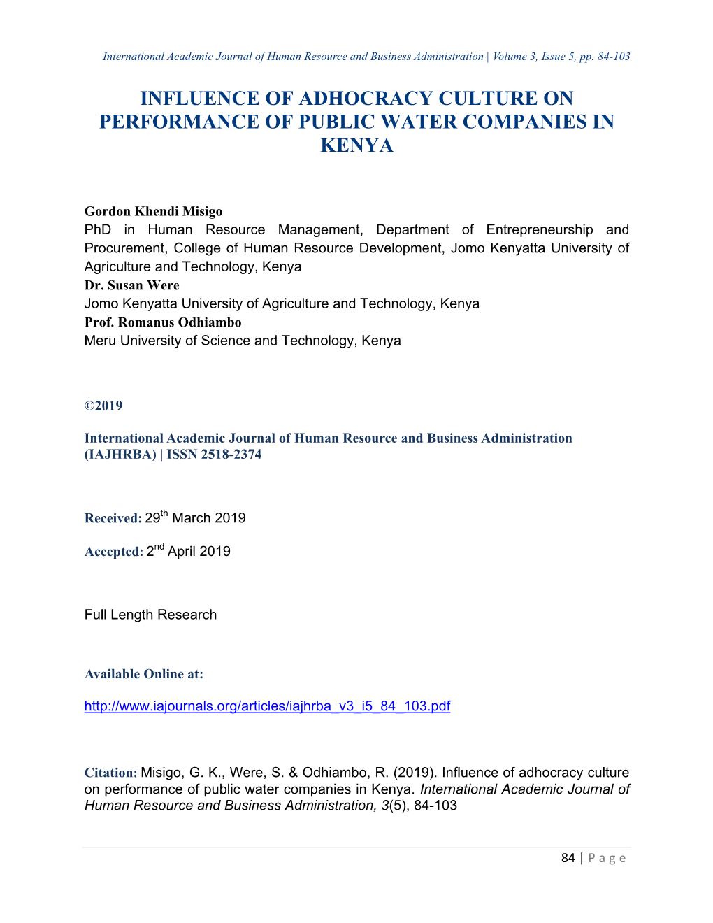 Influence of Adhocracy Culture on Performance of Public Water Companies in Kenya