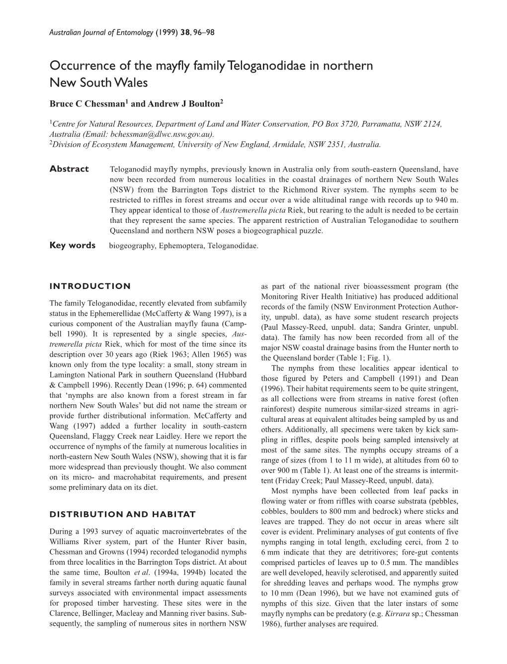 Occurrence of the Mayfly Family Teloganodidae in Northern New South Wales