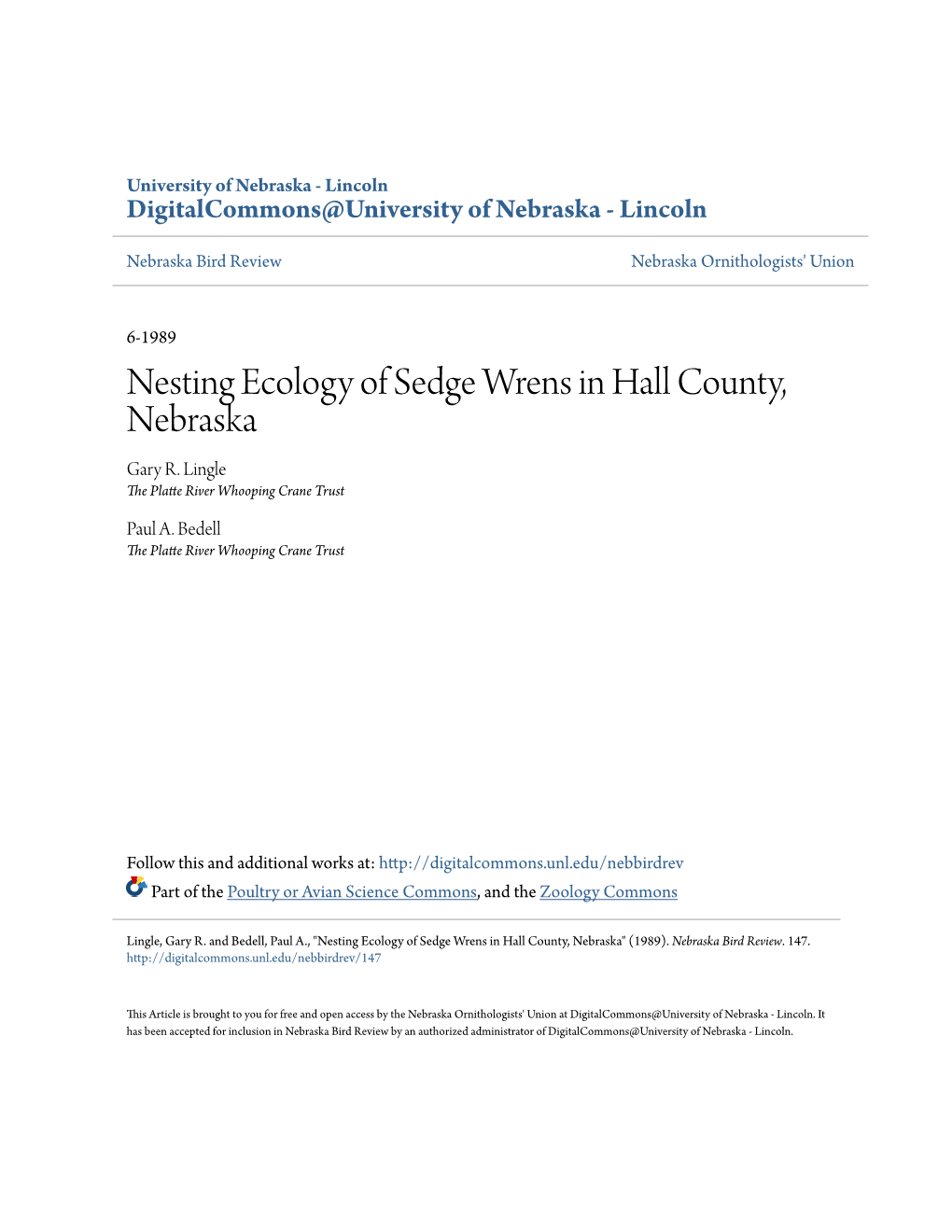 Nesting Ecology of Sedge Wrens in Hall County, Nebraska Gary R