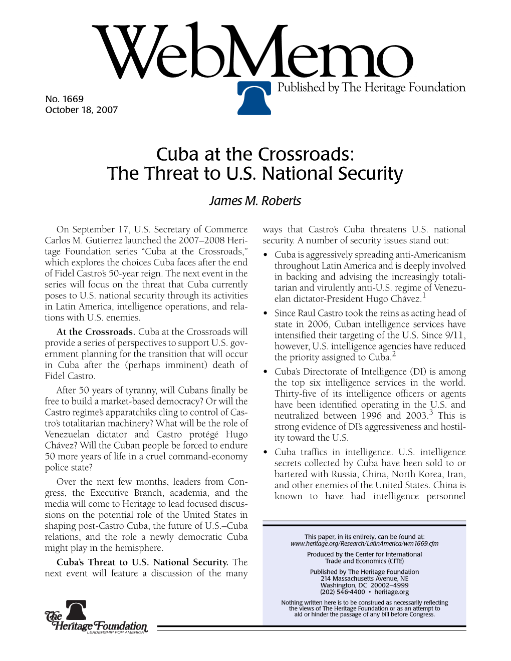 Cuba at the Crossroads: the Threat to U.S. National Security James M