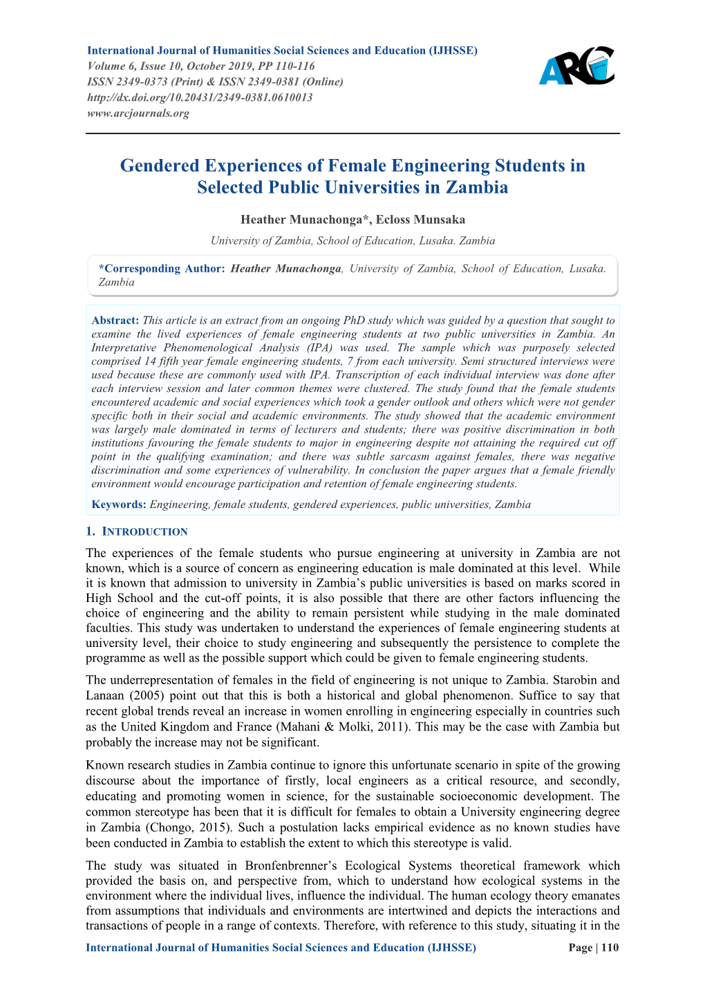 Gendered Experiences of Female Engineering Students in Selected Public Universities in Zambia