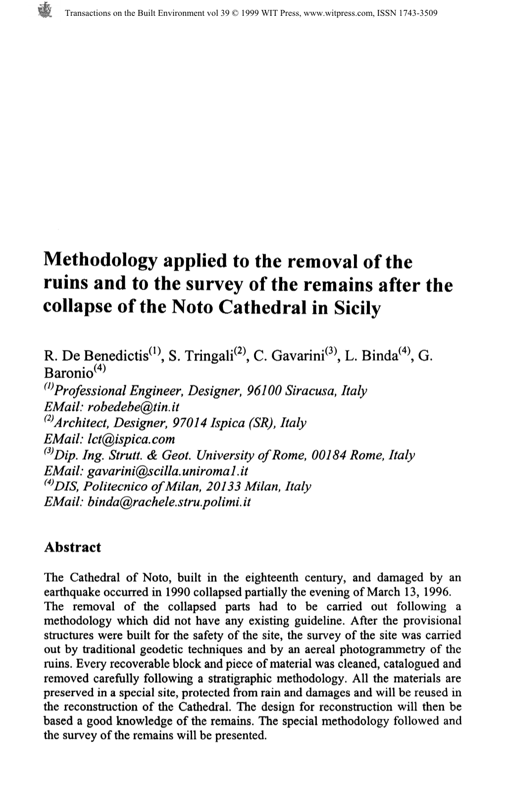 Methodology Applied to the Removal of the Ruins and to the Survey of the Remains After the Collapse of the Noto Cathedral in Sicily