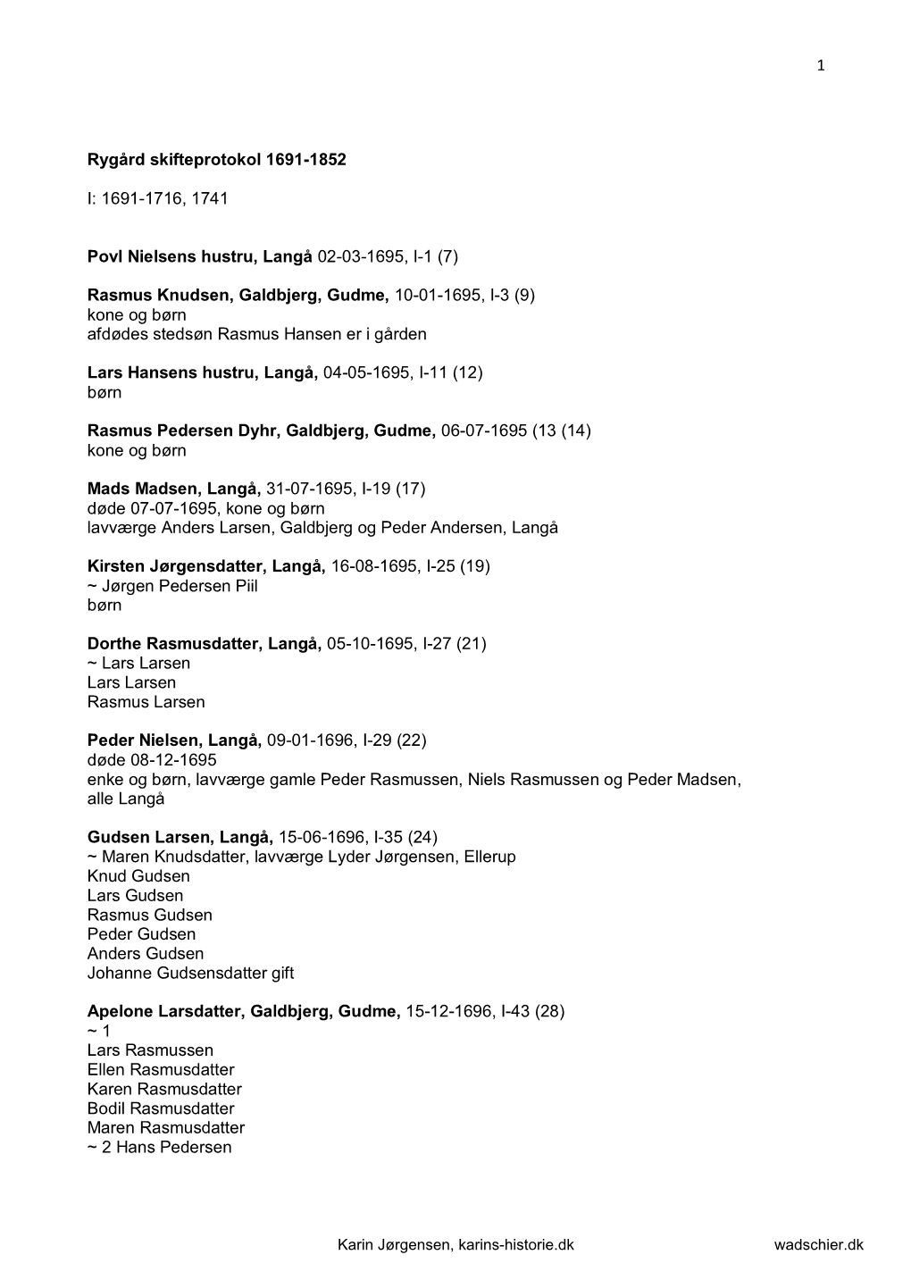 1 Rygård Skifteprotokol 1691-1852 I: 1691-1716, 1741 Povl Nielsens Hustru, Langå 02-03-1695, I-1 (7) Rasmus Knudsen, Galdbjerg