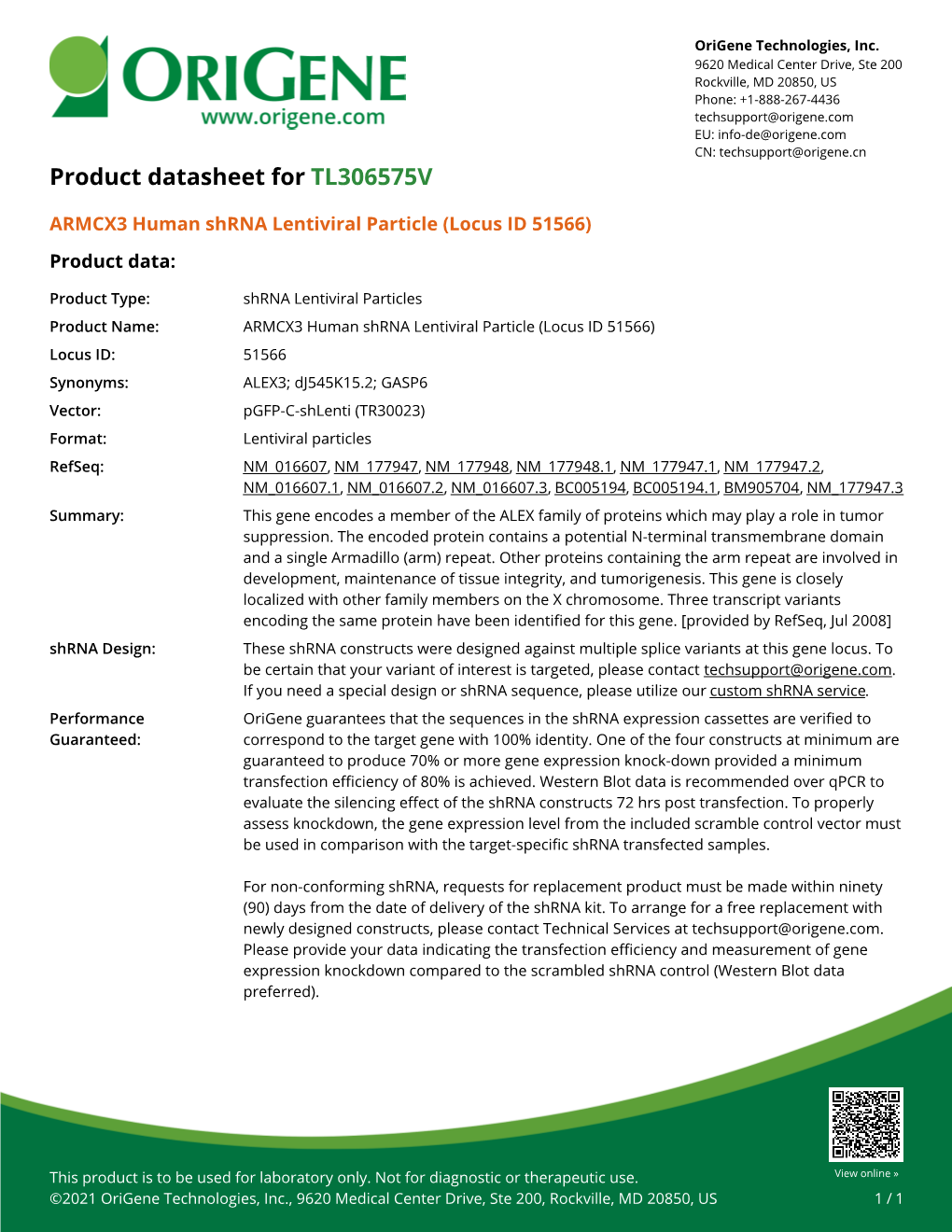 ARMCX3 Human Shrna Lentiviral Particle (Locus ID 51566) Product Data