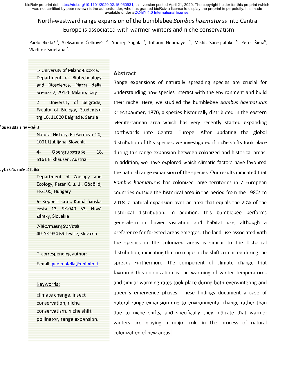 North-Westward Range Expansion of the Bumblebee Bombus Haematurus Into Central Europe Is Associated with Warmer Winters and Niche Conservatism