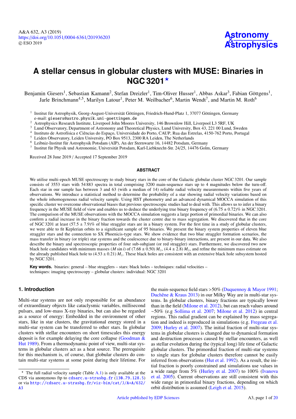 A Stellar Census in Globular Clusters with MUSE: Binaries in NGC 3201