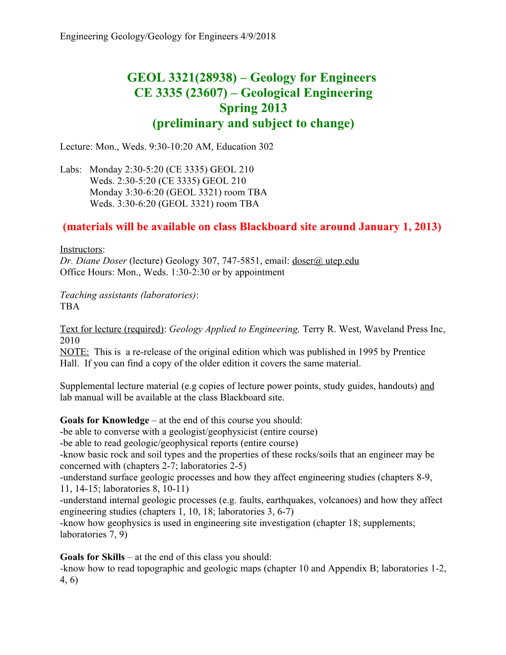 CE 3335 (22429)/GEOL 3321(22265) Engineering Geology/Geology for Engineers