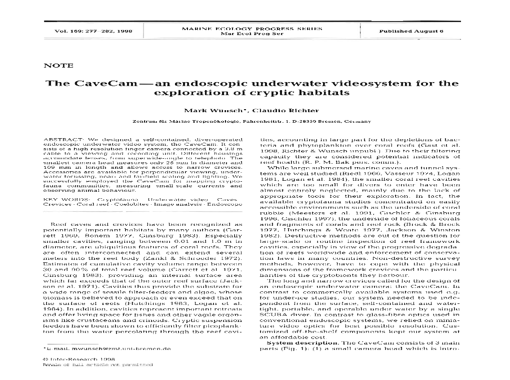 The Cavecam-An Endoscopic Underwater Videosystem for the Exploration of Cryptic Habitats