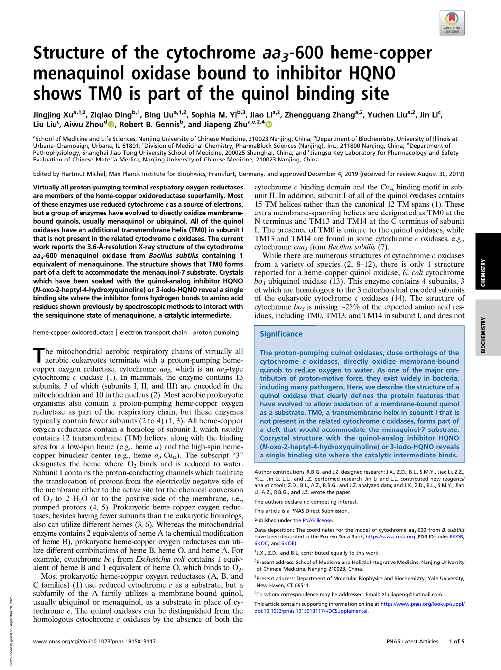 Structure of the Cytochrome Aa3-600 Heme-Copper Menaquinol Oxidase Bound to Inhibitor HQNO Shows TM0 Is Part of the Quinol Binding Site