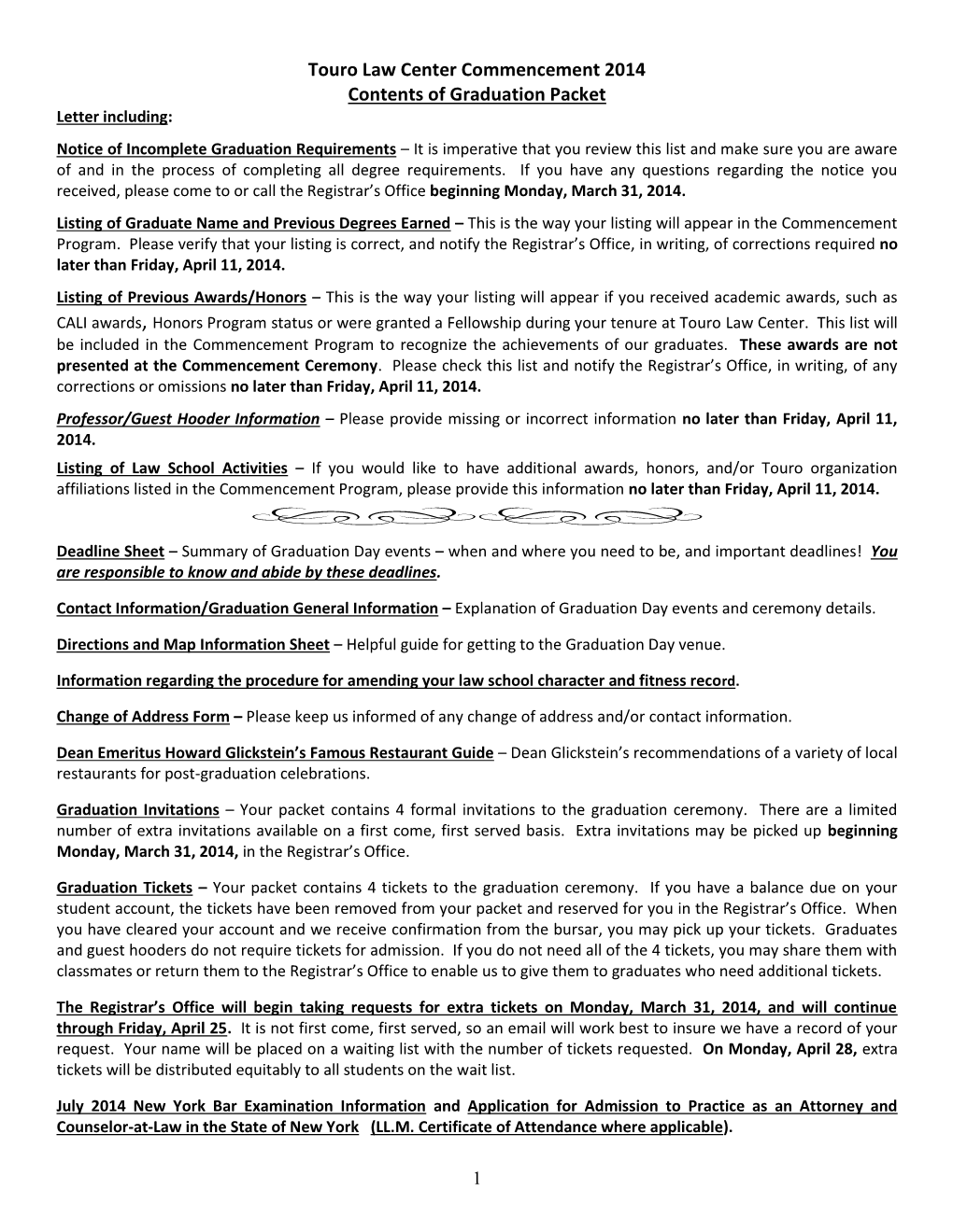 Touro Law Center Commencement 2014 Contents of Graduation Packet Letter Including