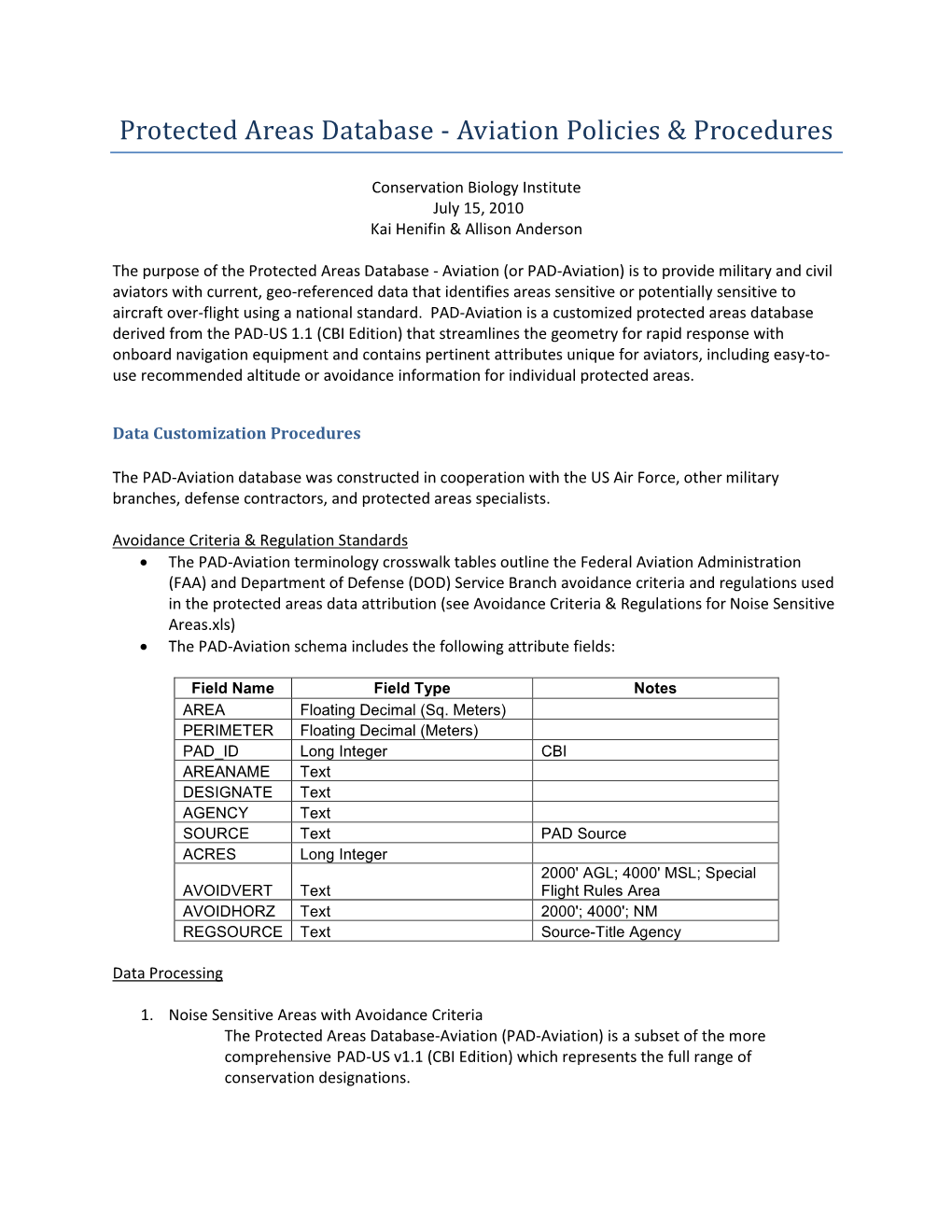 Protected Areas Database - Aviation Policies & Procedures