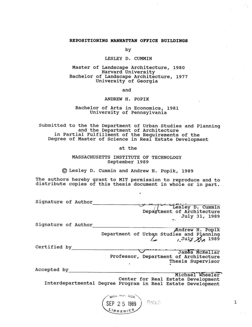 SEP 2 5 1989 REPOSITIONING MANHATTAN OFFICE BUILDINGS by Lesley D