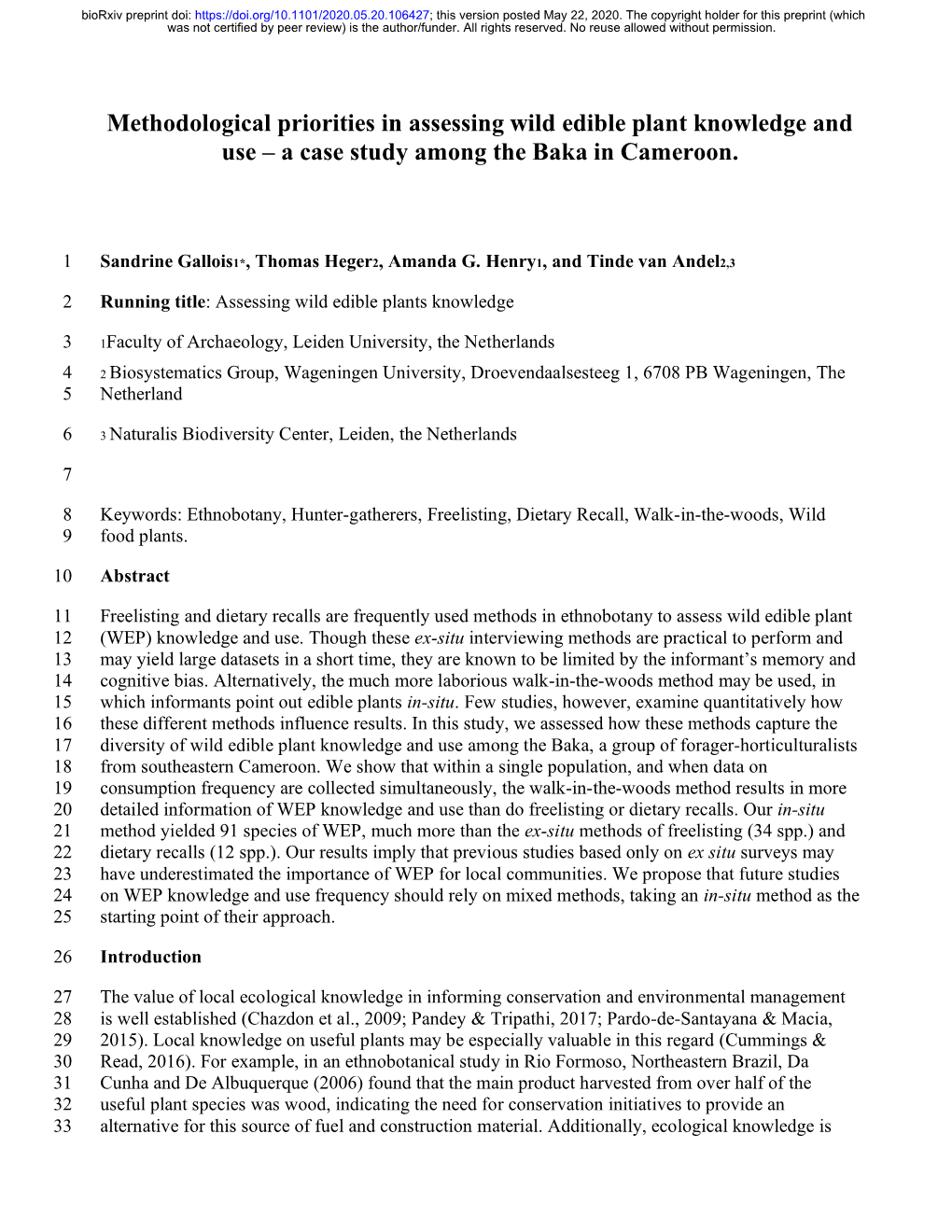 Methodological Priorities in Assessing Wild Edible Plant Knowledge and Use – a Case Study Among the Baka in Cameroon