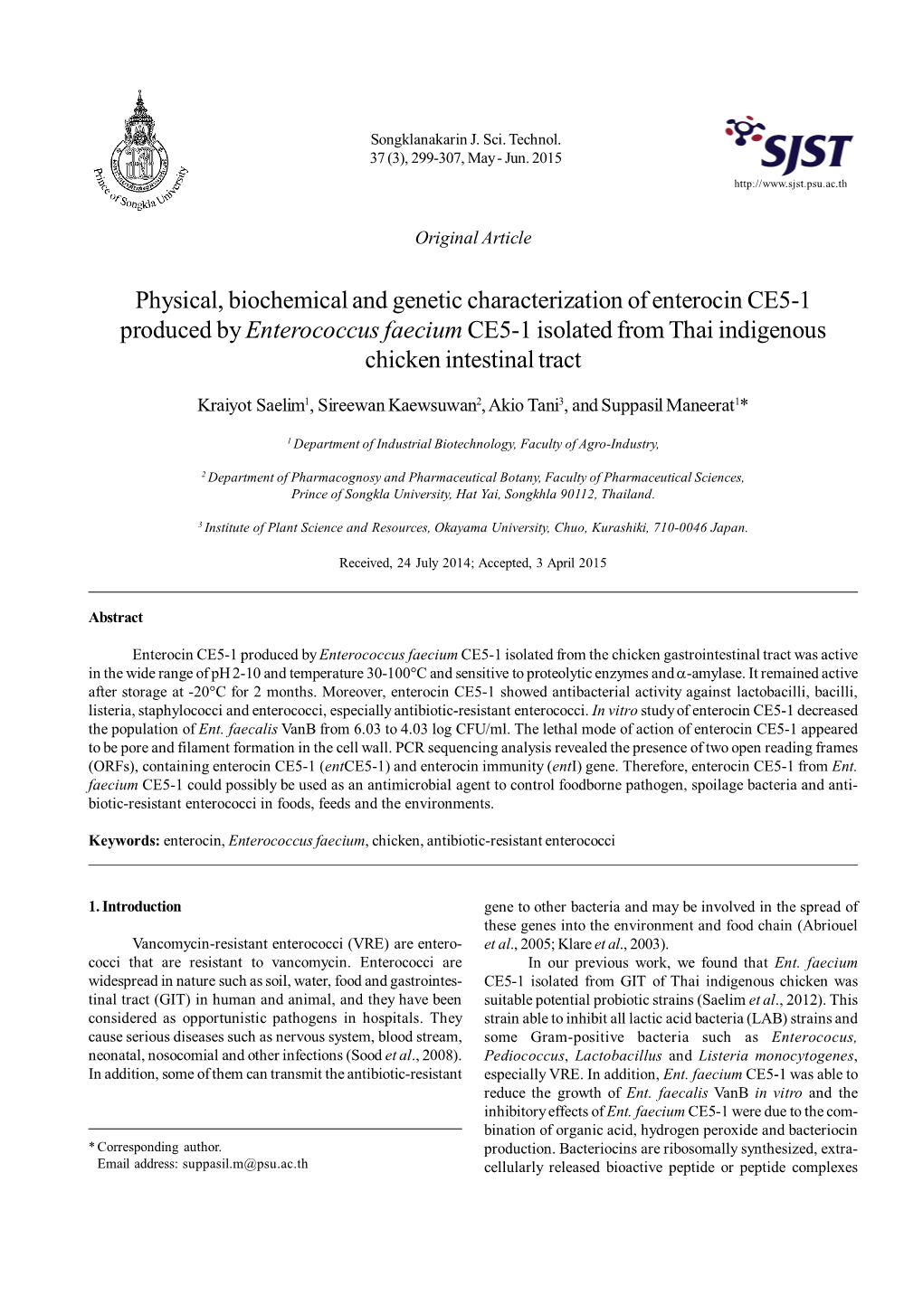 Physical, Biochemical and Genetic Characterization of Enterocin CE5-1 Produced by Enterococcus Faecium CE5-1 Isolated from Thai Indigenous Chicken Intestinal Tract